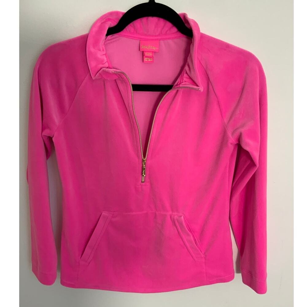 Lilly Pulitizer Girl's Hot Pink Velour Quarter Zip "Little Skipper" Pullover XL‎